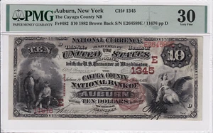 1882 $10 Brown Back | Fr. 482 | CH# 1345 Auburn, NY | PMG 30 EPQ - Picture 1 of 2