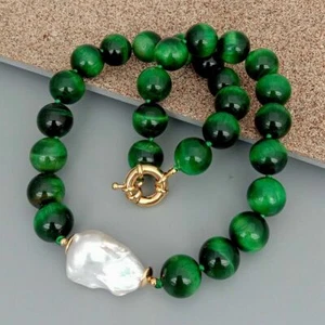 18.5" 14mm Round Green Tiger Eye Cultured White Keshi Pearl Necklace - Picture 1 of 7