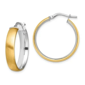 Italian 14k Two Tone Gold Small 5mm x 25mm Satin & Polished Hinged Hoop Earrings - Picture 1 of 2