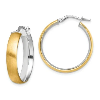 Italian 14k Two Tone Gold Small 5mm x 25mm Satin & Polished Hinged Hoop Earrings - Image 1 of 2