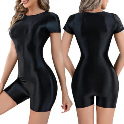 Womens Stretch Shiny Glossy Leotard Short Sleeve Bodysuit Catsuit Party Clubwear - Image 1 of 4