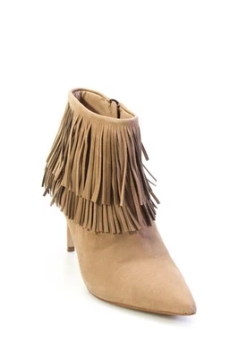 B Brian Atwood Womens Leather Fringe Trim Pointed Toe Ankle Boot Beige Size 7 - Image 1 of 4