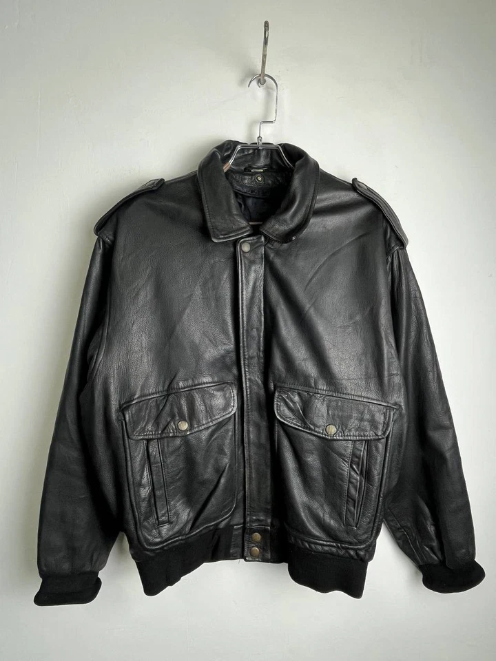 Vintage Real Leather Bomber Jacket Black Epaulettes Size L - Image 1 of 4