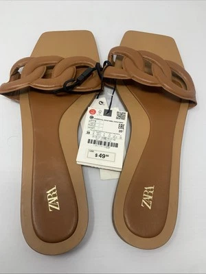Zara Sandals Womens 8 Brown Leather Chain Strap Flat Padded Square Toe Slide NWT - Image 1 of 4
