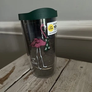 Tervis 16 oz Life Is Good Skiing Flamingo Tumbler NEW w Green lid - Picture 1 of 7