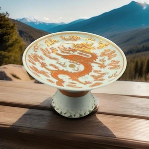 Pedestal de porcelana chino vintage plato de oferta motivo dragón, raro sin marcas - Imagen 1 de 6