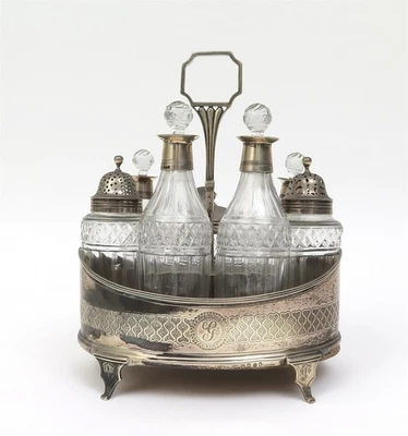 Antiguo juego de 7 piezas de vidrio cortado Thomas Halford de plata esterlina c1800 Foto 1 de 4