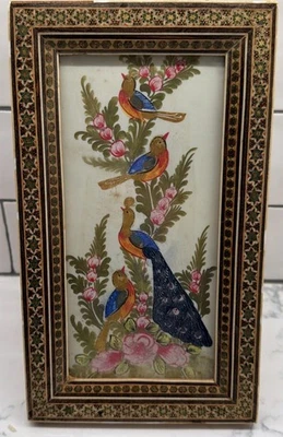 Vintage Peacock Birds Persian Iran Hand-Painting Inlay Khatam Mosaic Frame - Image 1 of 4