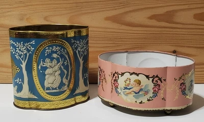 Lote 2 latas ornamentadas vintage sem tampas barret Inglaterra querubim Murray Allen grego  - Imagem 1 de 4