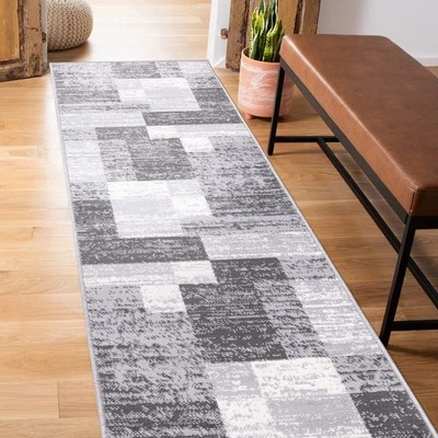Oslo Modern Geometric Boxes Runner Rug 2'x7' Gray Living Room Hallway - Image 1 of 4