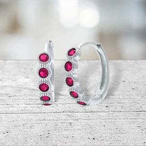 Bezel Set Genuine Ruby Huggie Hoop Earrings in Solid Sterling Silver - Picture 1 of 3