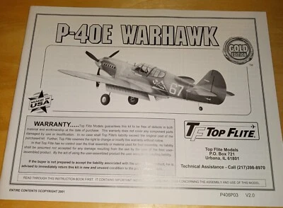 Hobbico Top Flite P-40E Warhawk 60 Scale Manual Instruction Book - New! P406P03 - Image 1 of 4