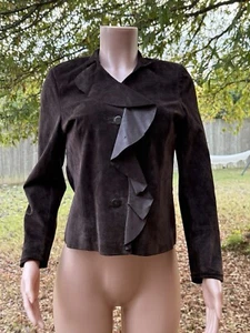 Parisian Signature Ruffled Brown Suede Leather Jacket Coat Button Up Petite MD - Picture 1 of 12