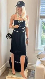 CHANEL Little Black Dress Knee Faux Pearl CC Belt +Pockets Strapless Viscose Sm. - Picture 1 of 18