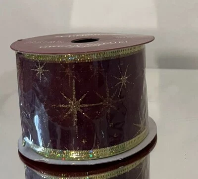 Cinta de Navidad Borgoña y Oro 2.5 pulgadas x 24 Pies Brillo Estrellas Navidad Foto 1 de 3