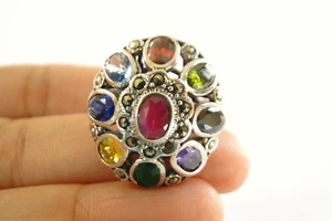Multi-Stone Emerald Ruby Sapphire Topaz Marcasite Sterling Silver Ring Sz 6 1/4 - Picture 1 of 5
