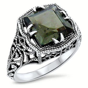 DECO ANTIQUE STYLE 925 STERLING SILVER 4 CT SIMULATED GREEN TOURMALINE RING 899Z - Picture 1 of 1