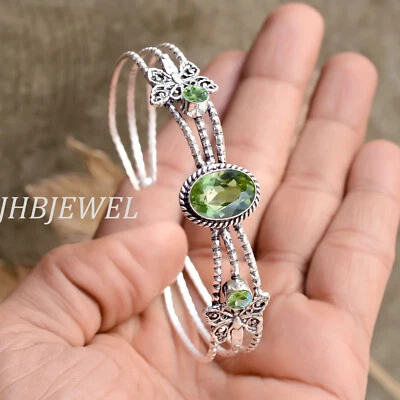 Faceted Peridot Gemstone 925 Sterling Silver Butterfly Bangle For Birthday Gift - Image 1 of 4