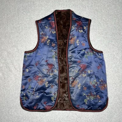 Colete de seda chinês vintage reversível marrom pele de coelho azul estampado tamanho P-M - Imagem 1 de 4