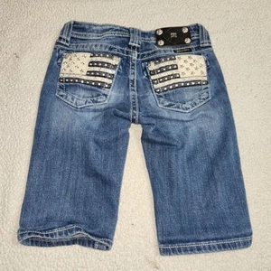 MISS ME BERMUDA Girls Sz 12 Denim Leather Rhinestone Stud USA Flag Jean Shorts - Picture 1 of 11