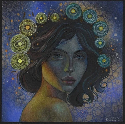 Original Gemälde 20 x 20 cm 221KO Kunstwerk Gold Acryl, Pastell Frau Portrait - Bild 1 von 4