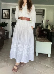 Embroidered Maxi Tiered A-Line L Sleeve Linen Blend Dress in White Size M - Picture 1 of 19