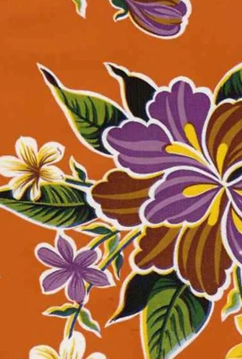 Oilcloth Fabric Tropical Hibiscus Orange Pattern Sold in Yard or Bolt - Image 1 of 2