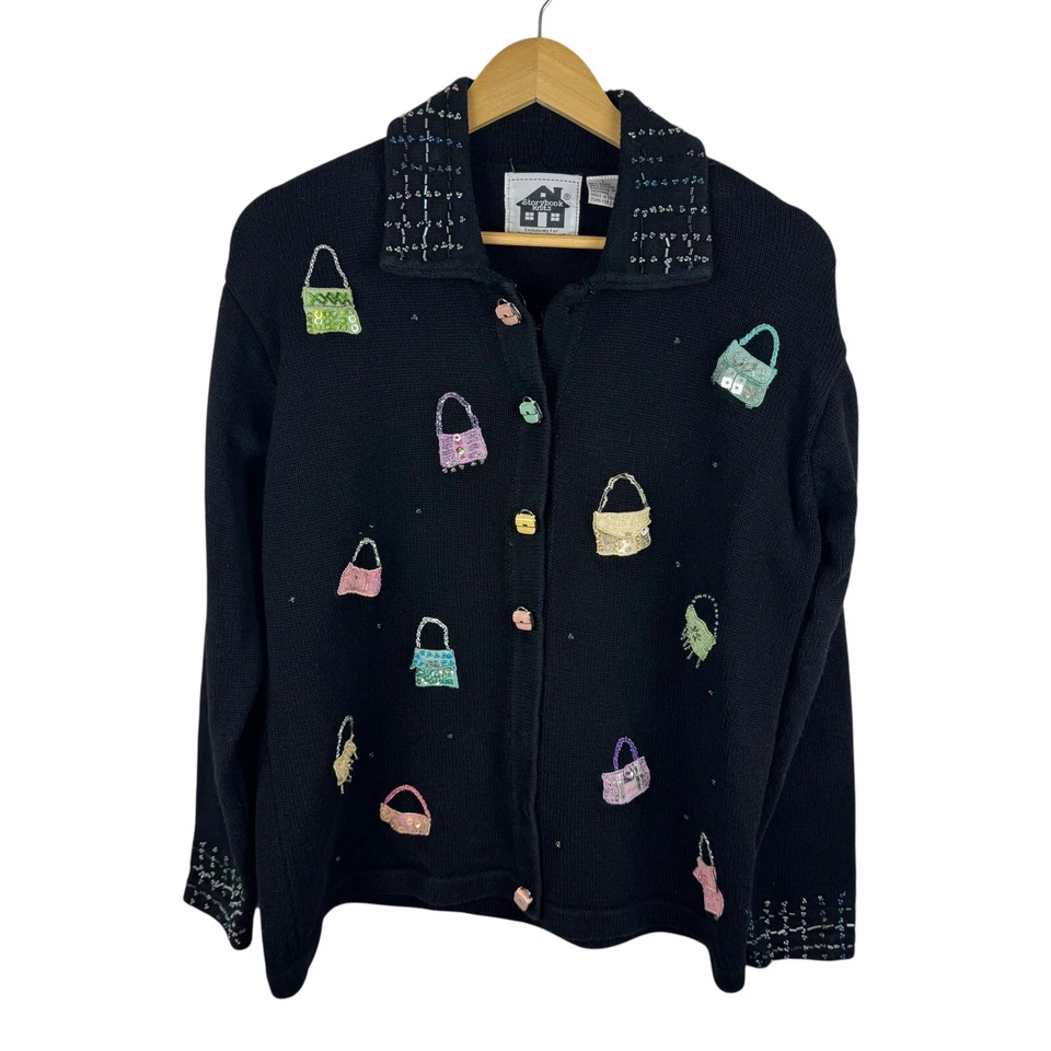 Storybook Knits Womens Embellished Cardigan Sz Large Black Jeweled Handbag Purse - Image 1 of 4