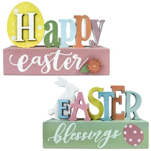 Happy Easter Decorations Colorful Rabbit Egg Flower Block Wooden Sign Gift 2Pack - Picture 1 of 11