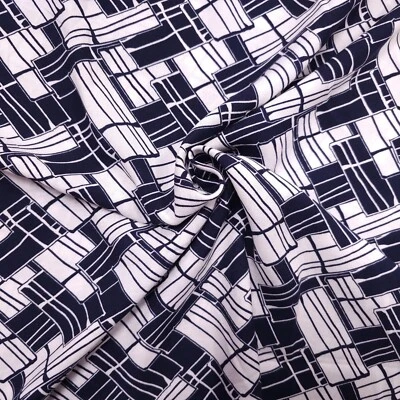 Viskosestoff Meterware geometrische muster, Kleiderstoff 100% Viskose blau weiß - Bild 1 von 4