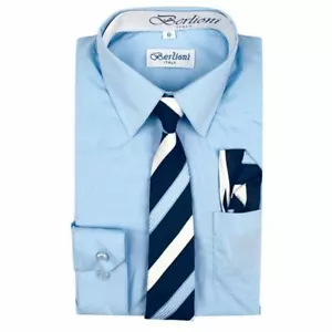 BERLIONI ITALY KIDS BOYS DRESS SHIRT LONG SLEEVE WITH TIE & HANKY LIGHT BLUE - Picture 1 of 1