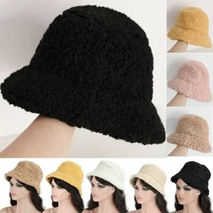 Women Bucket Cap Bush Hat Wide Brim Fluffy Fleece Fur Plush Winter Warm Fashion - Picture 1 of 17