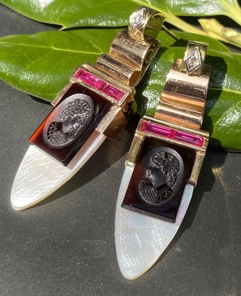 Vintage Diamond Earrings Pearl Cameo 18K Yellow Gold Ruby Estate Fine Jewelry - Image 1 of 4