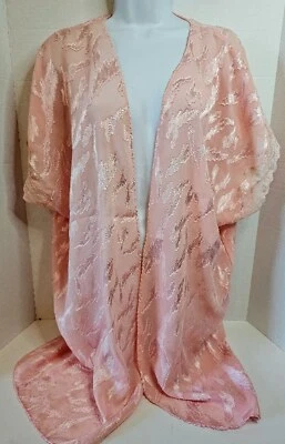 Винтажный Val Mode кимоно персиковый жаккард цветочный кружевной отделки размер неизвестный открытый передний - Изображение 1 из 4