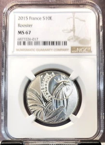 2015 FRANCE SILVER 10 EURO S10E ROOSTER NGC MS 67 BEAUTIIFUL GEM TOP POP 1 - Picture 1 of 3