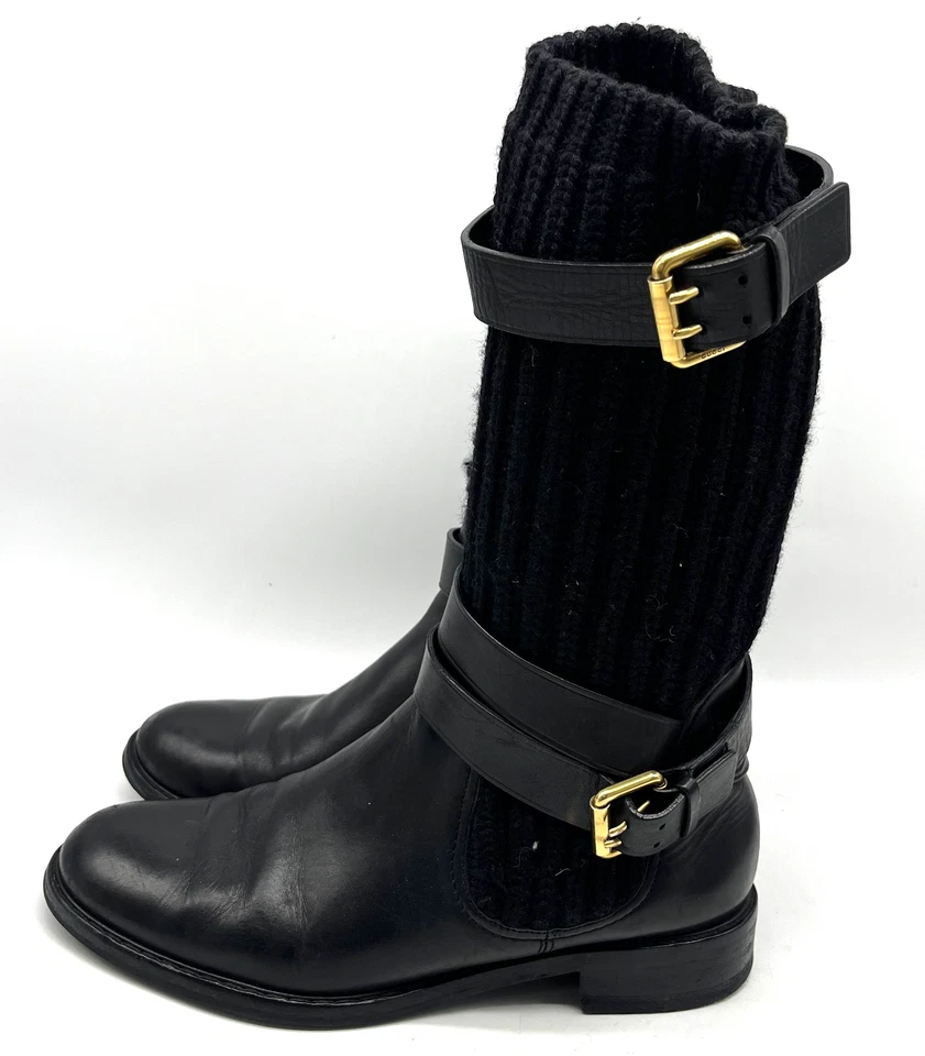 Bota de motociclista Gucci de cuero negro/tejido grueso con hebilla dorada logotipo GG a mitad de la pantorrilla talla 39,5 Foto 1 de 4