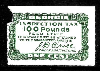 HICK GIRL- OLD MINT STATE OF GEORGIA  100# FEEDING STUFF TAX STAMP        X6560 - Image 1 of 2