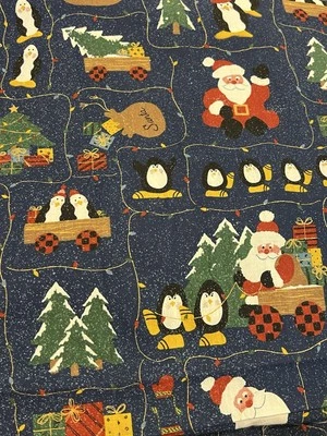 Tela de algodón azul pingüino de Papá Noel de Navidad 2,75 yardas 44" de ancho sin marca Foto 1 de 4