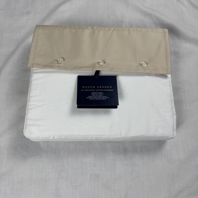 Ralph Lauren RL Organic Sateen Border Flat Sheet White / Coastal Sand QUEEN - Image 1 of 4