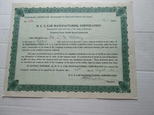 (1) 26th AUG 1926 H C S CAB MAUNFACTURING CORP. STOCK CERTIFICATE 50 SHARES #179 - Picture 1 of 2