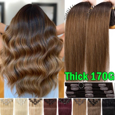 S-NOILITE Thick Full Head 100% Real Human Hair Extensions Clip In Double Weft Remy Hair UK