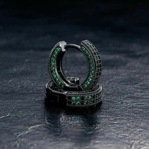 2 Ct Simulated Round Cut Green Emerald Men's Hoop Earrings 14K Black Gold Plated - Picture 1 of 6