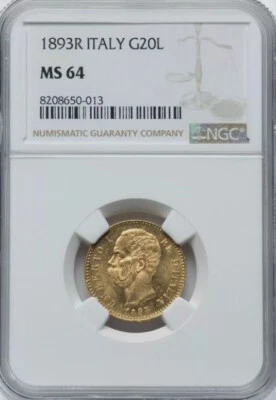 ITALY , GOLD 20 LIRE 1893 R NGC MS 64 , RARE2 - Image 1 of 2
