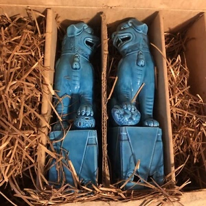 Pair Vintage Blue Turquoise Glazed Porcelain Fu Foo Dog Lion Statues 10” Tall - Picture 1 of 10
