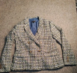 Ann Taylor Zweireiher Blazer Sakko in Blau Schimmer Tweed Gr. 10 Arbeit - Bild 1 von 8