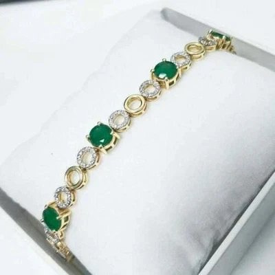  Lab-Created Emerald 8ct Rd Cut Tennis Bracelet Women's 14K Yell Gold Plated 7" - Image 1 of 3