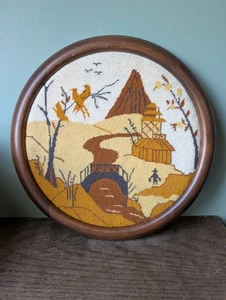 Vintage Needlepoint Art Landscape Country Cottage 16” Round Faux Wood Frame - Picture 1 of 15