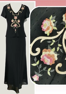 Maxi Vestido Retro Vintage Años 90 Bordado Cuentas Transparente Capas Vaina 8 Foto 1 de 4