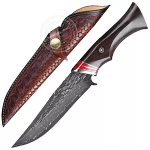 VG10 DAMASCUS HUNTING KNIFE CAMPING SURVIVAL FIXED BLADE BONE EBONY WOOD BLACK - Picture 1 of 12