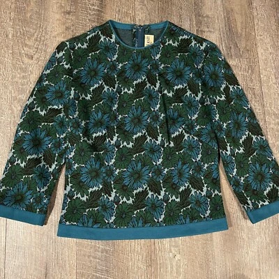 Vintage Butte Knit 100% Wool Sweater Blue Green Floral Mod 60s S/M Sweater - Image 1 of 4